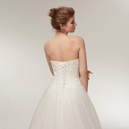 7-Day Dispatch Strapless Sweetheart White Tulle A-Line Wedding Dress Lace-up Back Sweeping Train Bridal Gown
