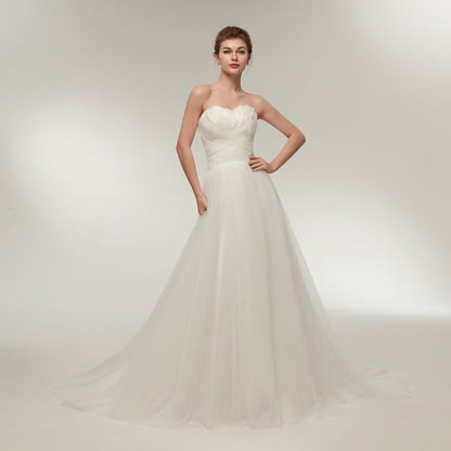 7-Day Dispatch Strapless Sweetheart White Tulle A-Line Wedding Dress Lace-up Back Sweeping Train Bridal Gown