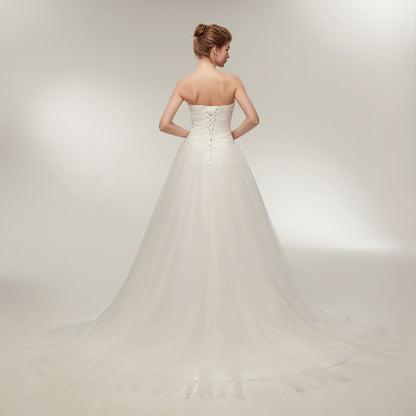 7-Day Dispatch Strapless Sweetheart White Tulle A-Line Wedding Dress Lace-up Back Sweeping Train Bridal Gown