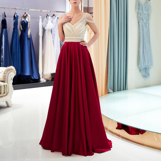 7-Day Dispatch V-Neck Cold Shoulder Beaded Bodice Multi-Color Pleated Satin Skirt Evening Gown V-Back Formal Dress