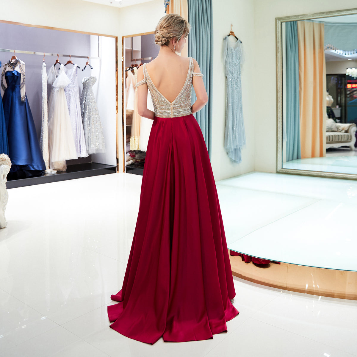 7-Day Dispatch V-Neck Cold Shoulder Beaded Bodice Multi-Color Pleated Satin Skirt Evening Gown V-Back Formal Dress