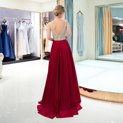 7-Day Dispatch V-Neck Cold Shoulder Beaded Bodice Multi-Color Pleated Satin Skirt Evening Gown V-Back Formal Dress