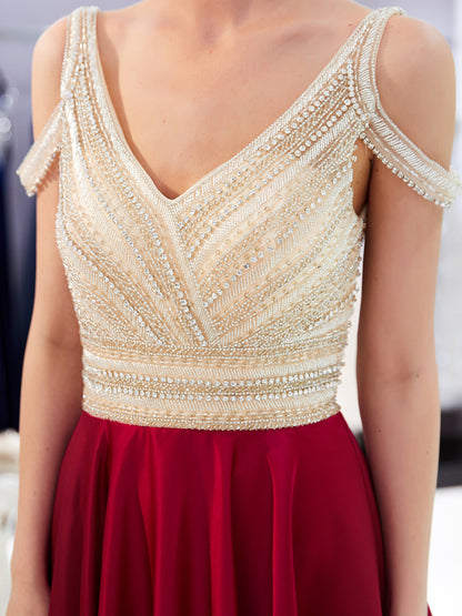 7-Day Dispatch V-Neck Cold Shoulder Beaded Bodice Multi-Color Pleated Satin Skirt Evening Gown V-Back Formal Dress