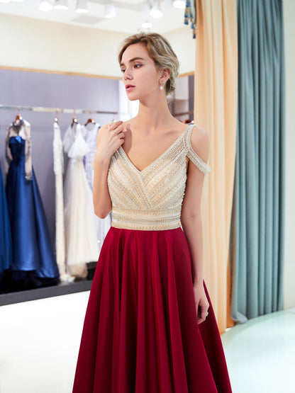 7-Day Dispatch V-Neck Cold Shoulder Beaded Bodice Multi-Color Pleated Satin Skirt Evening Gown V-Back Formal Dress