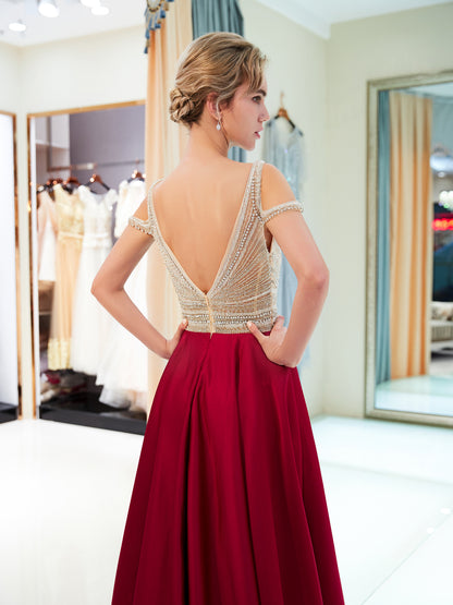 7-Day Dispatch V-Neck Cold Shoulder Beaded Bodice Multi-Color Pleated Satin Skirt Evening Gown V-Back Formal Dress
