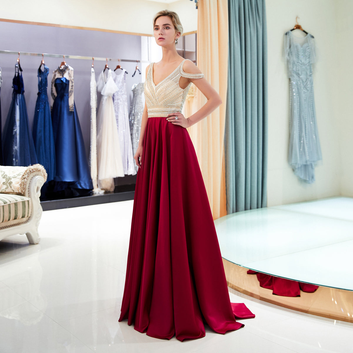 7-Day Dispatch V-Neck Cold Shoulder Beaded Bodice Multi-Color Pleated Satin Skirt Evening Gown V-Back Formal Dress