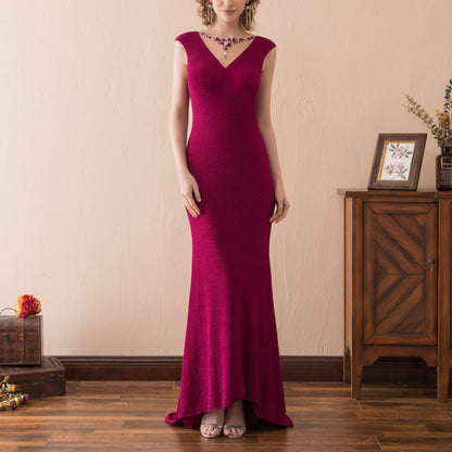 7-Day Dispatch V-Neck Cowl Back Burgundy Fitted Mermaid Evening Gown Rhinestone Chain Back Formal Dress