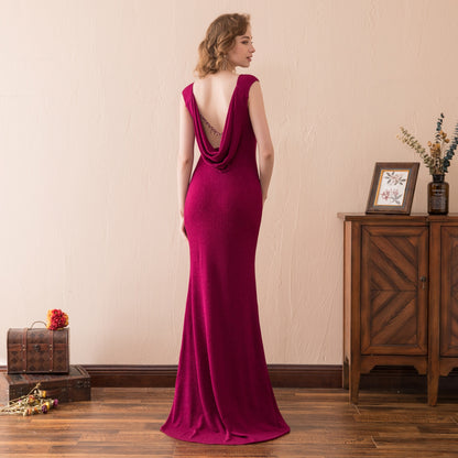 7-Day Dispatch V-Neck Cowl Back Burgundy Fitted Mermaid Evening Gown Rhinestone Chain Back Formal Dress