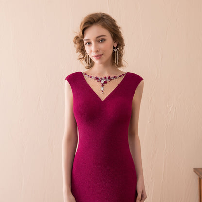 7-Day Dispatch V-Neck Cowl Back Burgundy Fitted Mermaid Evening Gown Rhinestone Chain Back Formal Dress