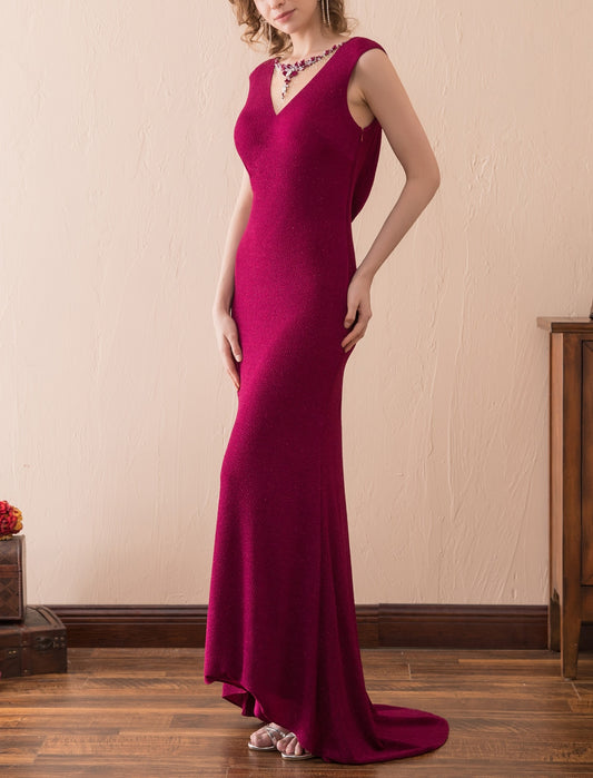 7-Day Dispatch V-Neck Cowl Back Burgundy Fitted Mermaid Evening Gown Rhinestone Chain Back Formal Dress