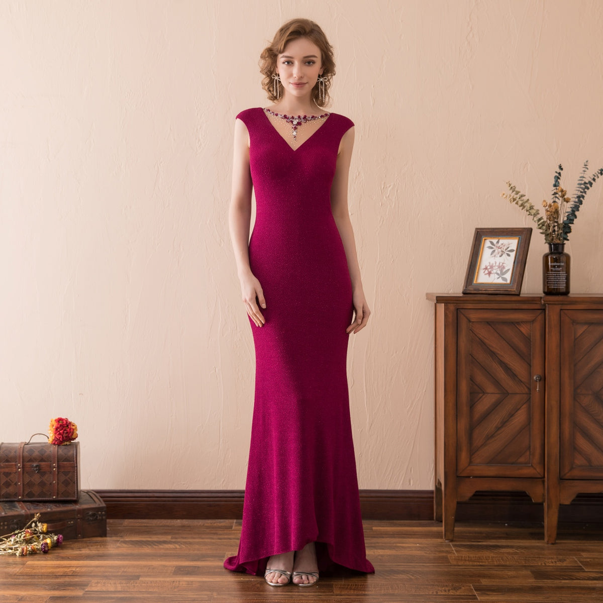 7-Day Dispatch V-Neck Cowl Back Burgundy Fitted Mermaid Evening Gown Rhinestone Chain Back Formal Dress