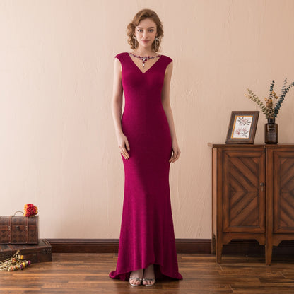 7-Day Dispatch V-Neck Cowl Back Burgundy Fitted Mermaid Evening Gown Rhinestone Chain Back Formal Dress
