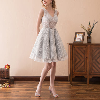 7-Day Dispatch V-Neck Deep V-Back Grey Floral Lace Short Cocktail Dress A-Line Prom Gown