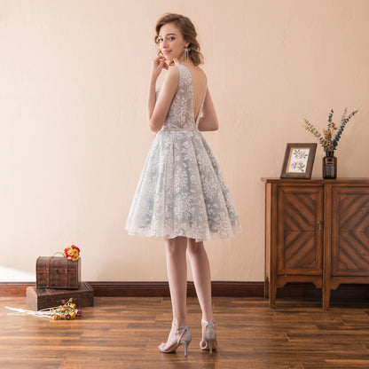 7-Day Dispatch V-Neck Deep V-Back Grey Floral Lace Short Cocktail Dress A-Line Prom Gown