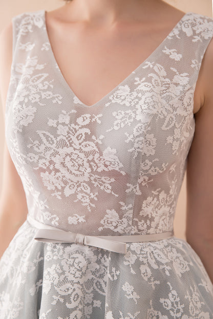 7-Day Dispatch V-Neck Deep V-Back Grey Floral Lace Short Cocktail Dress A-Line Prom Gown