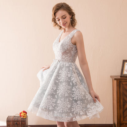 7-Day Dispatch V-Neck Deep V-Back Grey Floral Lace Short Cocktail Dress A-Line Prom Gown
