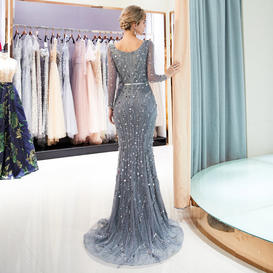 7-Day Dispatch Halter Nec7-Day Dispatch V-Neck Long Sheer Sleeve Dusty Blue Beaded Mermaid Gown Scoop Back Satin Waistband Sheer Tulle Train Evening Dress