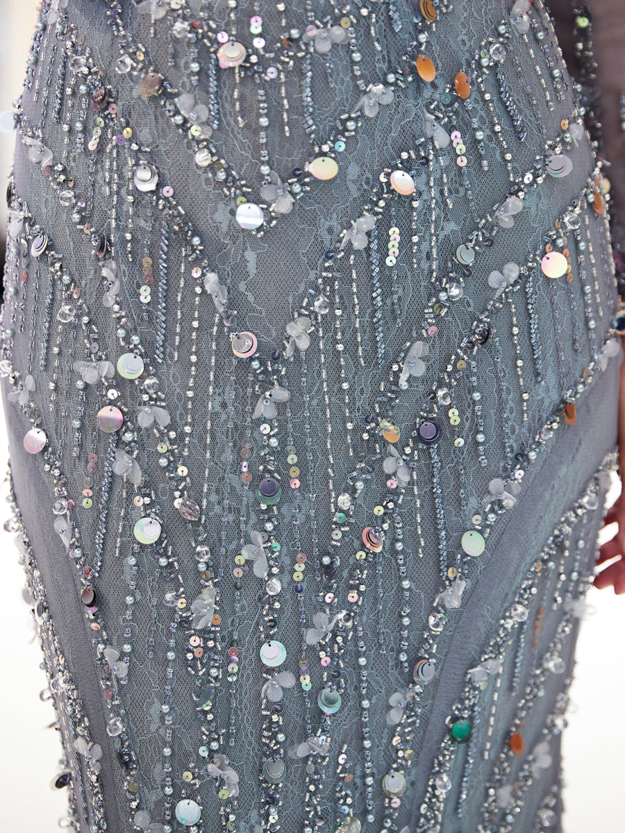 7-Day Dispatch Halter Nec7-Day Dispatch V-Neck Long Sheer Sleeve Dusty Blue Beaded Mermaid Gown Scoop Back Satin Waistband Sheer Tulle Train Evening Dress