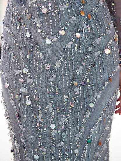 7-Day Dispatch Halter Nec7-Day Dispatch V-Neck Long Sheer Sleeve Dusty Blue Beaded Mermaid Gown Scoop Back Satin Waistband Sheer Tulle Train Evening Dress