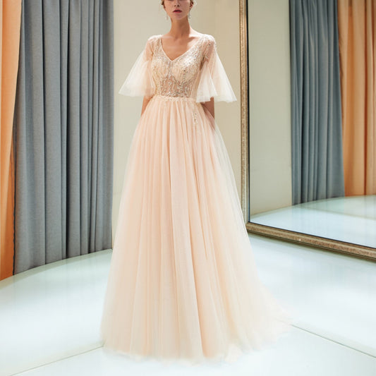 7-Day Dispatch V-Neck Sheer Flutter Sleeve Silver Beaded Bodice Layered Tulle Gown Two Color Options (Champagne & Grey) Evening Dress