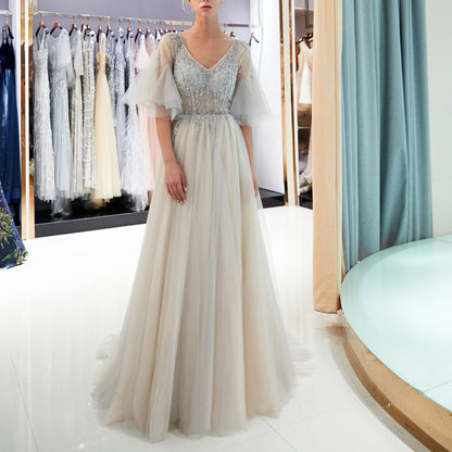 7-Day Dispatch V-Neck Sheer Flutter Sleeve Silver Beaded Bodice Layered Tulle Gown Two Color Options (Champagne & Grey) Evening Dress