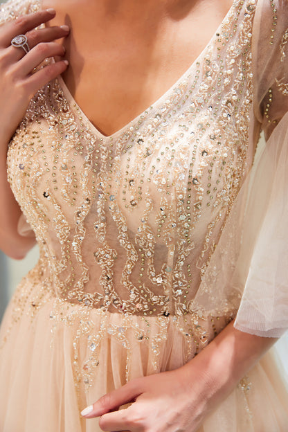 7-Day Dispatch V-Neck Sheer Flutter Sleeve Silver Beaded Bodice Layered Tulle Gown Two Color Options (Champagne & Grey) Evening Dress