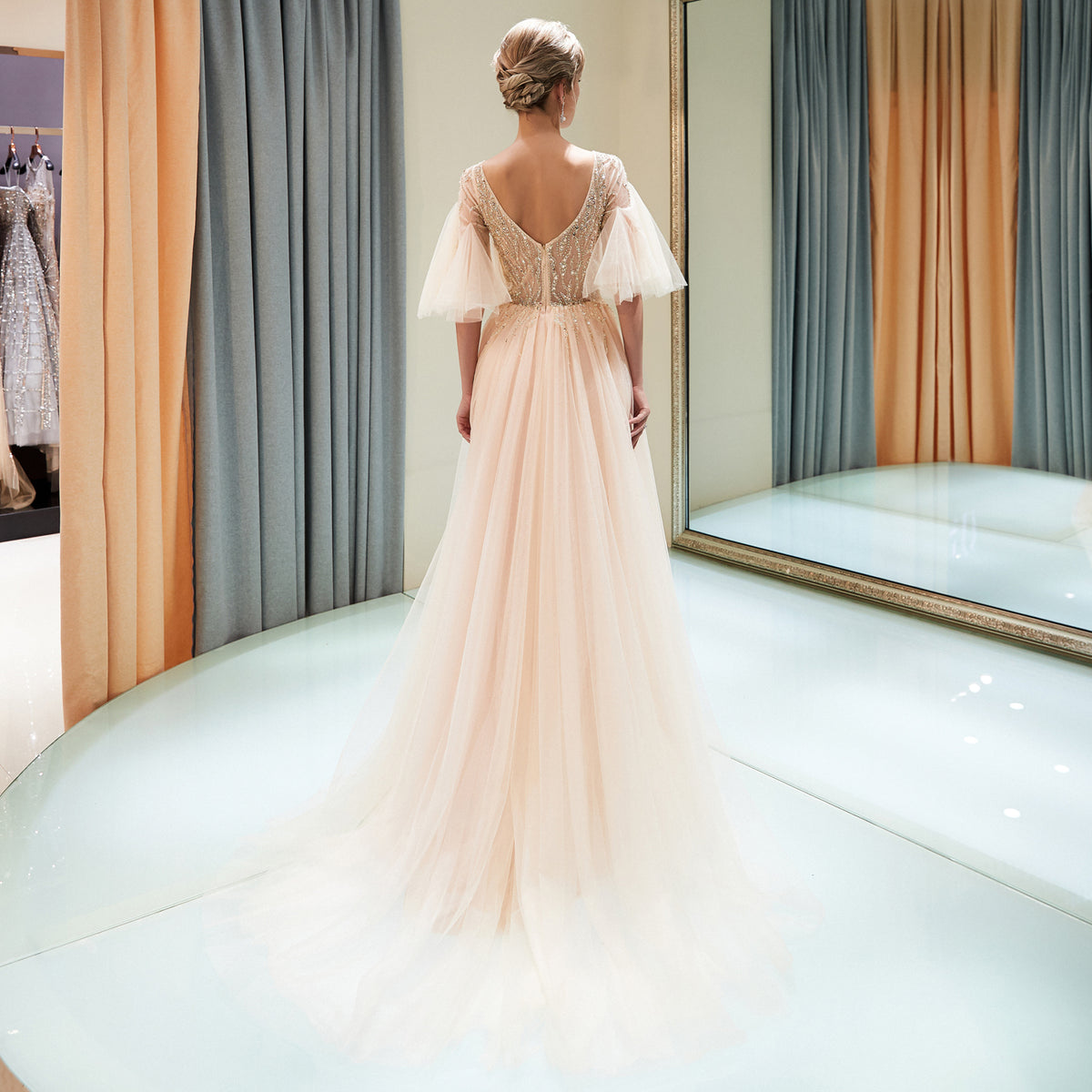 7-Day Dispatch V-Neck Sheer Flutter Sleeve Silver Beaded Bodice Layered Tulle Gown Two Color Options (Champagne & Grey) Evening Dress