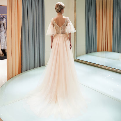 7-Day Dispatch V-Neck Sheer Flutter Sleeve Silver Beaded Bodice Layered Tulle Gown Two Color Options (Champagne & Grey) Evening Dress
