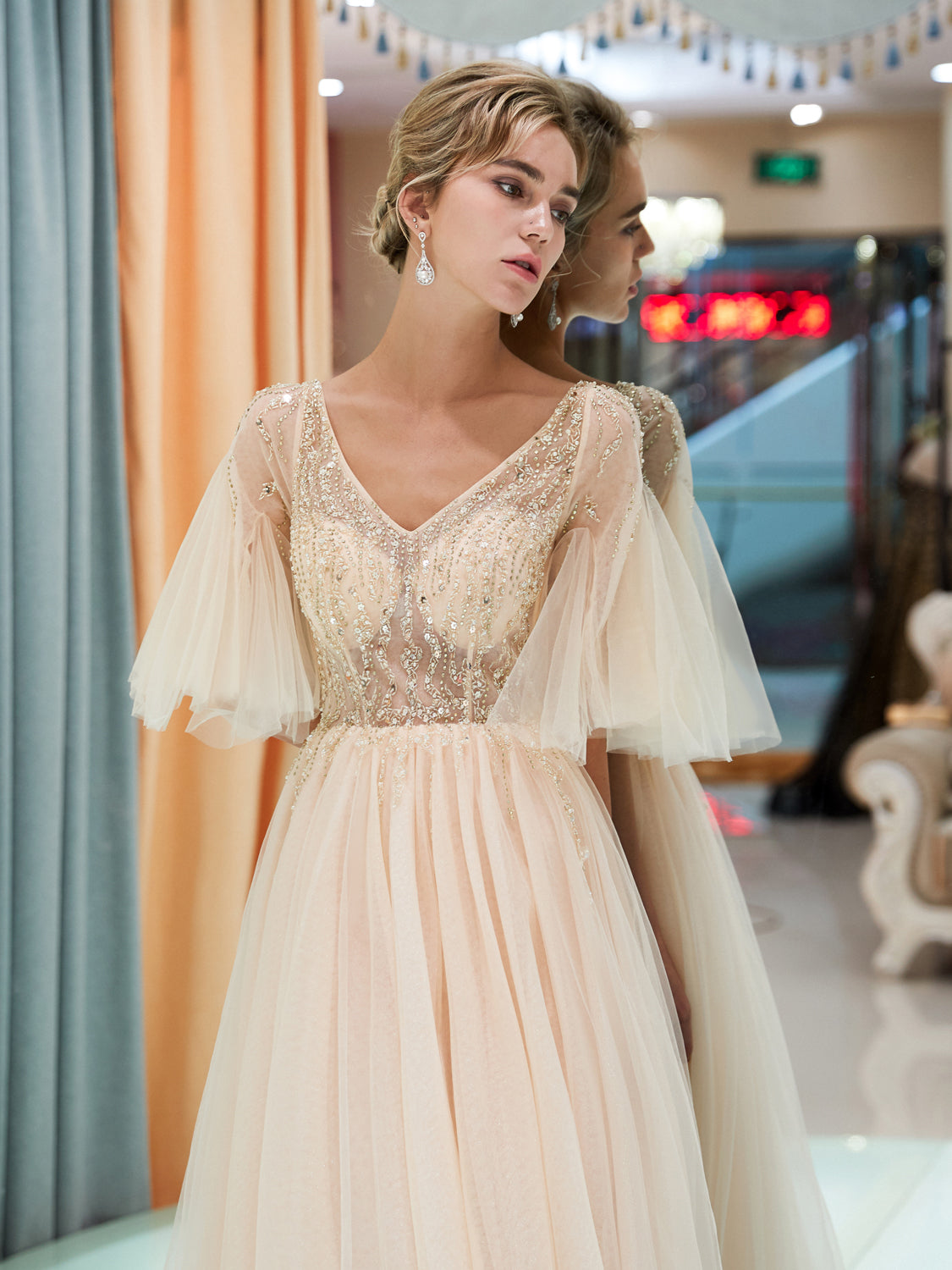 7-Day Dispatch V-Neck Sheer Flutter Sleeve Silver Beaded Bodice Layered Tulle Gown Two Color Options (Champagne & Grey) Evening Dress