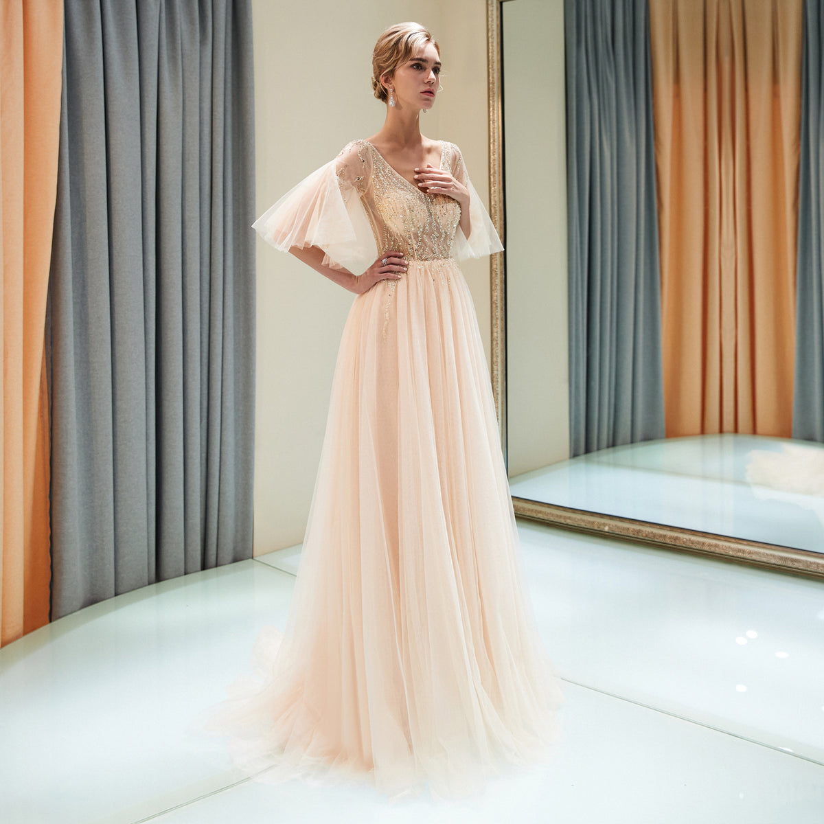 7-Day Dispatch V-Neck Sheer Flutter Sleeve Silver Beaded Bodice Layered Tulle Gown Two Color Options (Champagne & Grey) Evening Dress