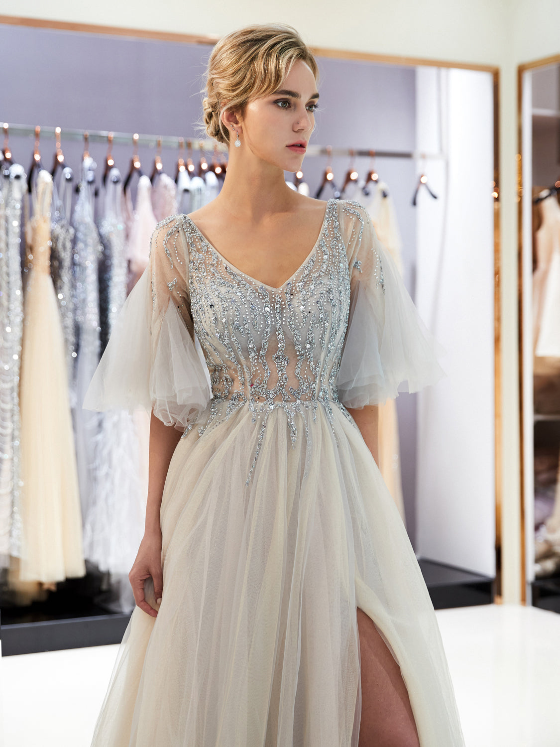 7-Day Dispatch V-Neck Sheer Flutter Sleeve Silver Beaded Bodice Layered Tulle Gown Two Color Options (Champagne & Grey) Evening Dress