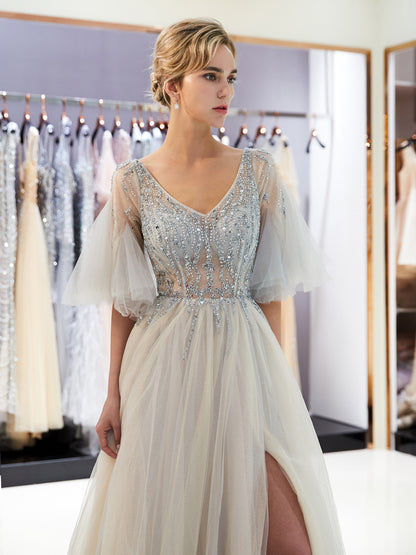 7-Day Dispatch V-Neck Sheer Flutter Sleeve Silver Beaded Bodice Layered Tulle Gown Two Color Options (Champagne & Grey) Evening Dress