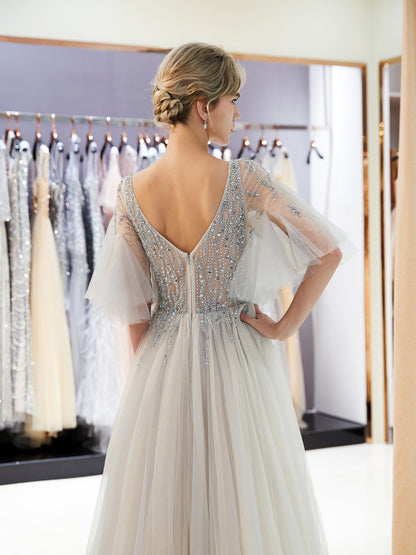 7-Day Dispatch V-Neck Sheer Flutter Sleeve Silver Beaded Bodice Layered Tulle Gown Two Color Options (Champagne & Grey) Evening Dress