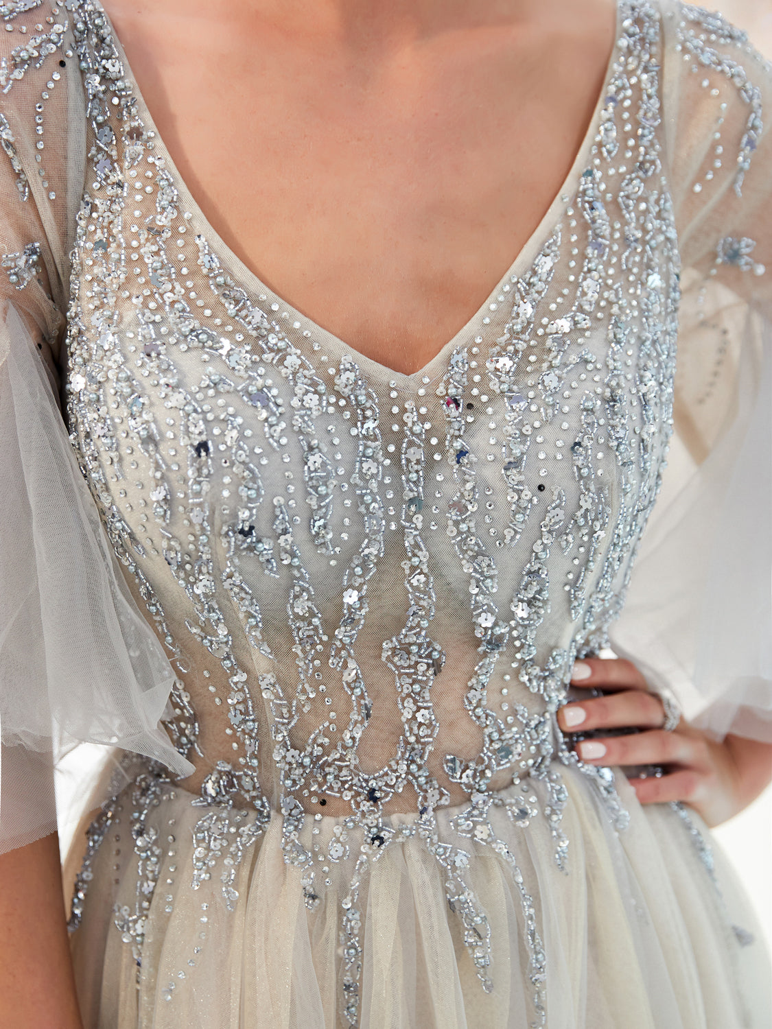 7-Day Dispatch V-Neck Sheer Flutter Sleeve Silver Beaded Bodice Layered Tulle Gown Two Color Options (Champagne & Grey) Evening Dress