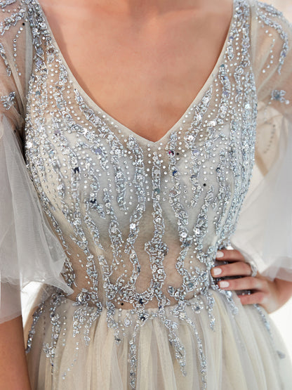 7-Day Dispatch V-Neck Sheer Flutter Sleeve Silver Beaded Bodice Layered Tulle Gown Two Color Options (Champagne & Grey) Evening Dress
