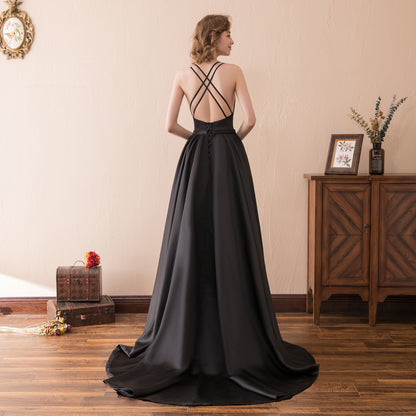 7-Day Dispatch V-Neck Sleeveless Black Satin Ball Gown Corset Lace-up Back Sweeping Train Formal Dress