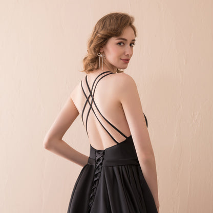 7-Day Dispatch V-Neck Sleeveless Black Satin Ball Gown Corset Lace-up Back Sweeping Train Formal Dress