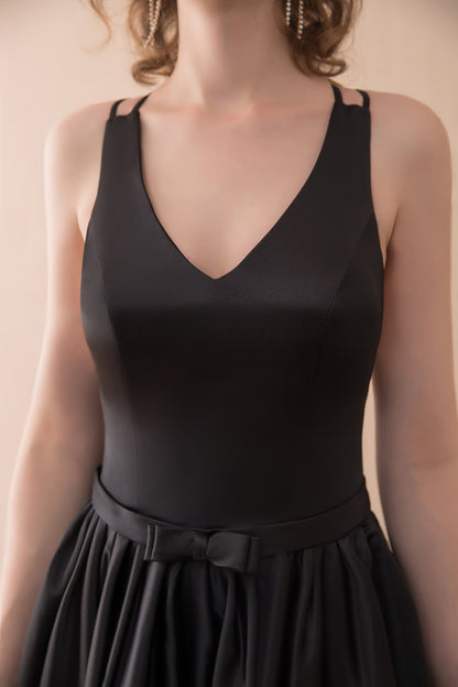 7-Day Dispatch V-Neck Sleeveless Black Satin Ball Gown Corset Lace-up Back Sweeping Train Formal Dress