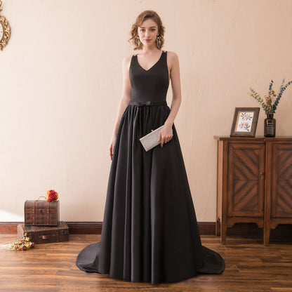 7-Day Dispatch V-Neck Sleeveless Black Satin Ball Gown Corset Lace-up Back Sweeping Train Formal Dress