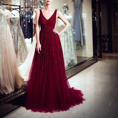 7-Day Dispatch V-Neck Sleeveless Burgundy Beaded Bodice Tulle A-Line Gown V-Back Pleated Skirt Sweeping Train Evening Dress