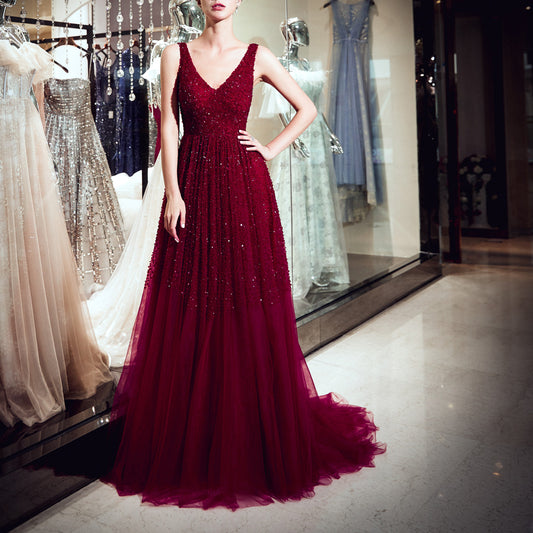 7-Day Dispatch V-Neck Sleeveless Burgundy Beaded Bodice Tulle A-Line Gown V-Back Pleated Skirt Sweeping Train Evening Dress
