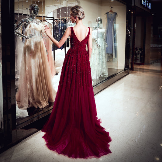 7-Day Dispatch V-Neck Sleeveless Burgundy Beaded Bodice Tulle A-Line Gown V-Back Pleated Skirt Sweeping Train Evening Dress