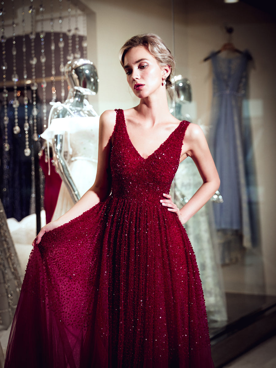 7-Day Dispatch V-Neck Sleeveless Burgundy Beaded Bodice Tulle A-Line Gown V-Back Pleated Skirt Sweeping Train Evening Dress