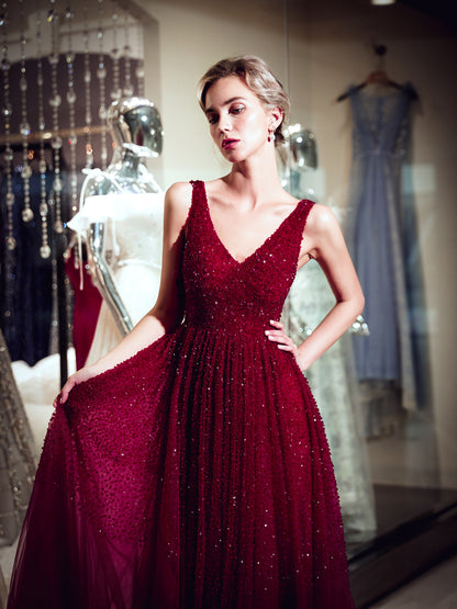 7-Day Dispatch V-Neck Sleeveless Burgundy Beaded Bodice Tulle A-Line Gown V-Back Pleated Skirt Sweeping Train Evening Dress