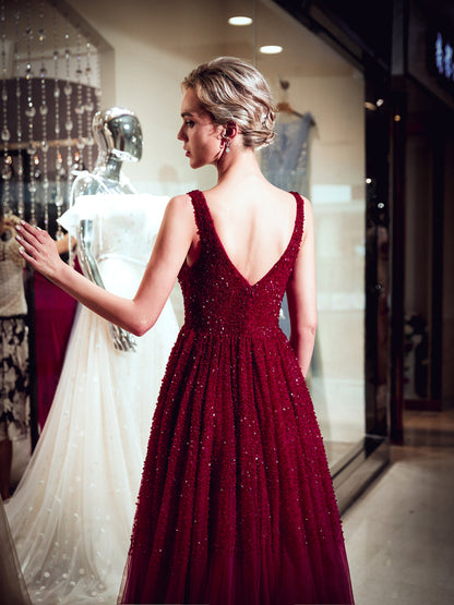 7-Day Dispatch V-Neck Sleeveless Burgundy Beaded Bodice Tulle A-Line Gown V-Back Pleated Skirt Sweeping Train Evening Dress