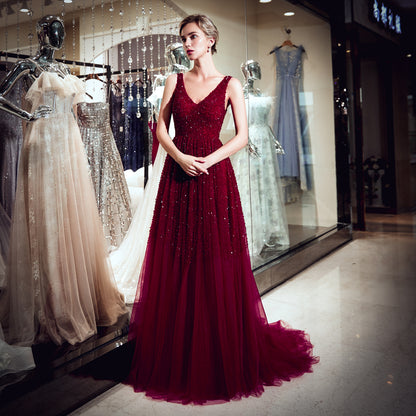 7-Day Dispatch V-Neck Sleeveless Burgundy Beaded Bodice Tulle A-Line Gown V-Back Pleated Skirt Sweeping Train Evening Dress