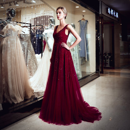 7-Day Dispatch V-Neck Sleeveless Burgundy Beaded Bodice Tulle A-Line Gown V-Back Pleated Skirt Sweeping Train Evening Dress
