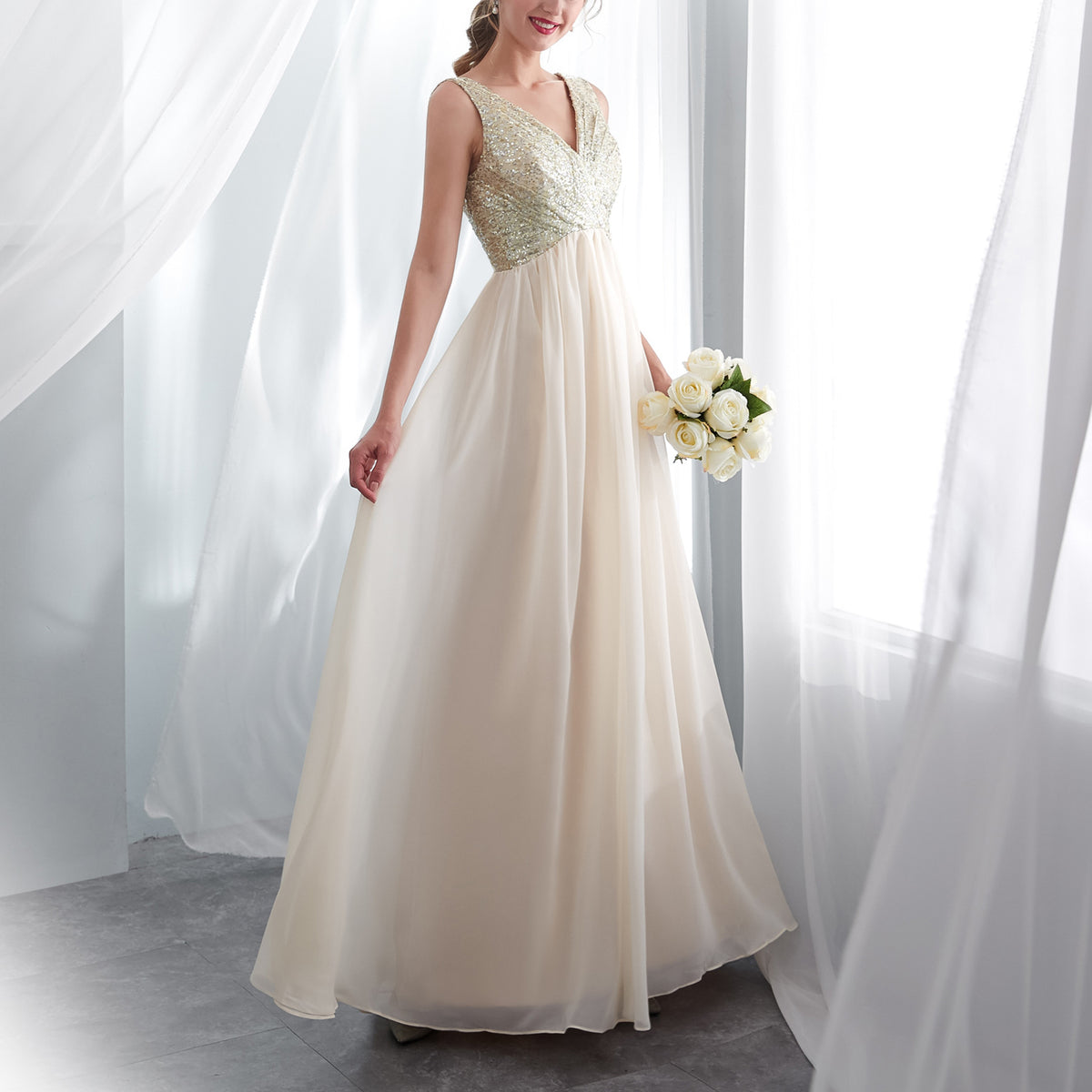 7-Day Dispatch V-Neck Sleeveless Champagne Sequin Bodice Tulle Long Evening Gown Deep V-Back A-Line Prom Dress