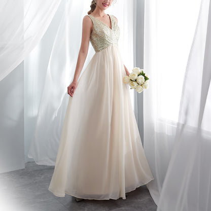 7-Day Dispatch V-Neck Sleeveless Champagne Sequin Bodice Tulle Long Evening Gown Deep V-Back A-Line Prom Dress
