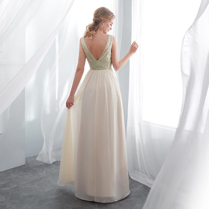 7-Day Dispatch V-Neck Sleeveless Champagne Sequin Bodice Tulle Long Evening Gown Deep V-Back A-Line Prom Dress